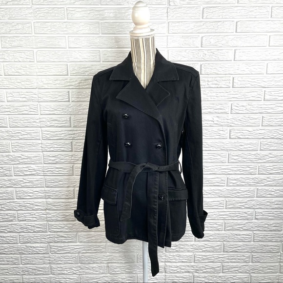 Lauren Jeans Co Ralph Lauren Black Double Breasted Denim Jacket Belted Size XL